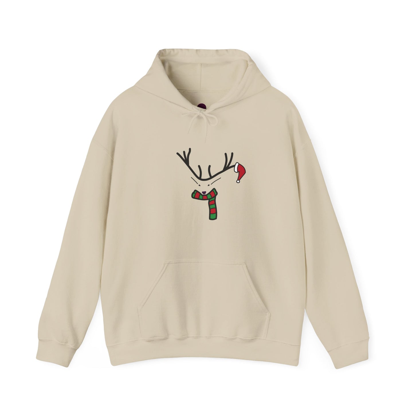 Reindeer Minimalist Holiday Hoodie — Festive Scarf & Santa Hat Design