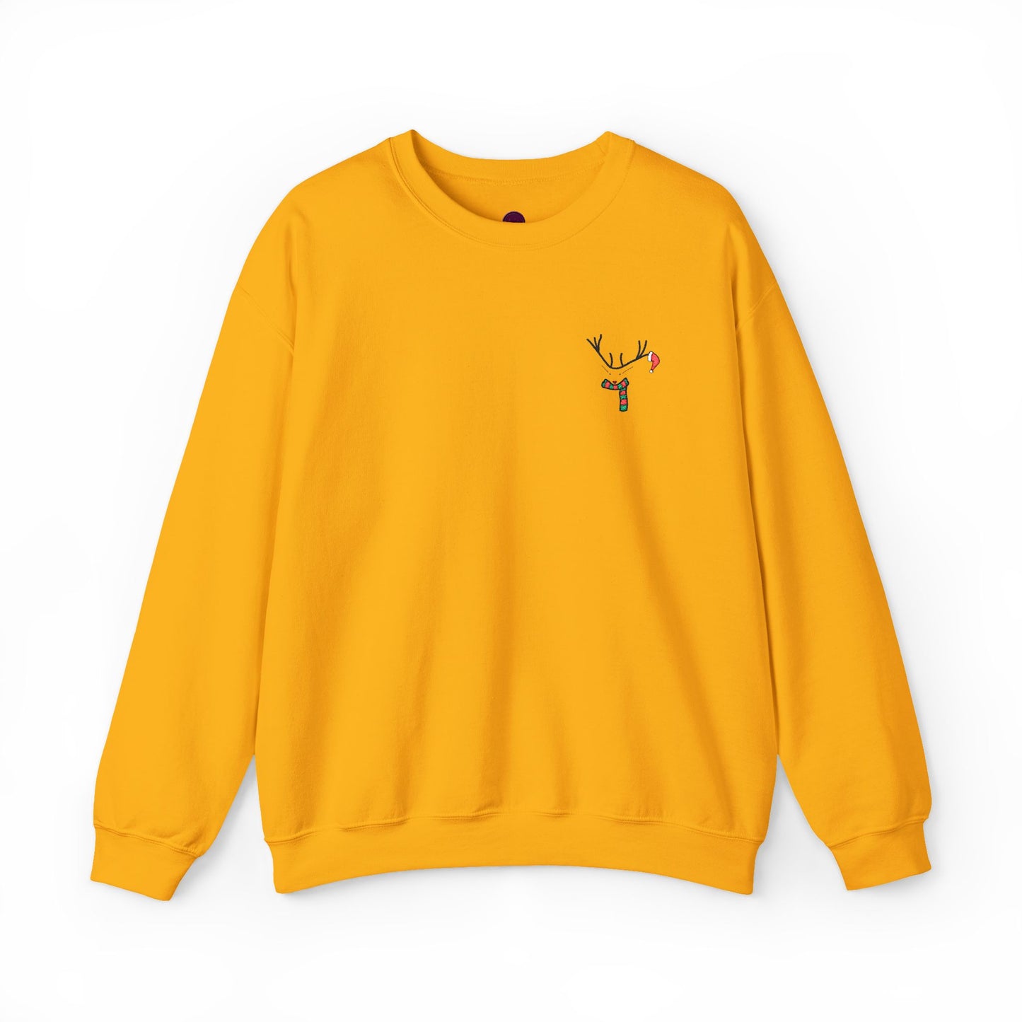 Crewneck Sweatshirt — Minimal Reindeer Pocket Embroidery, Cute Christmas Holiday Pullover