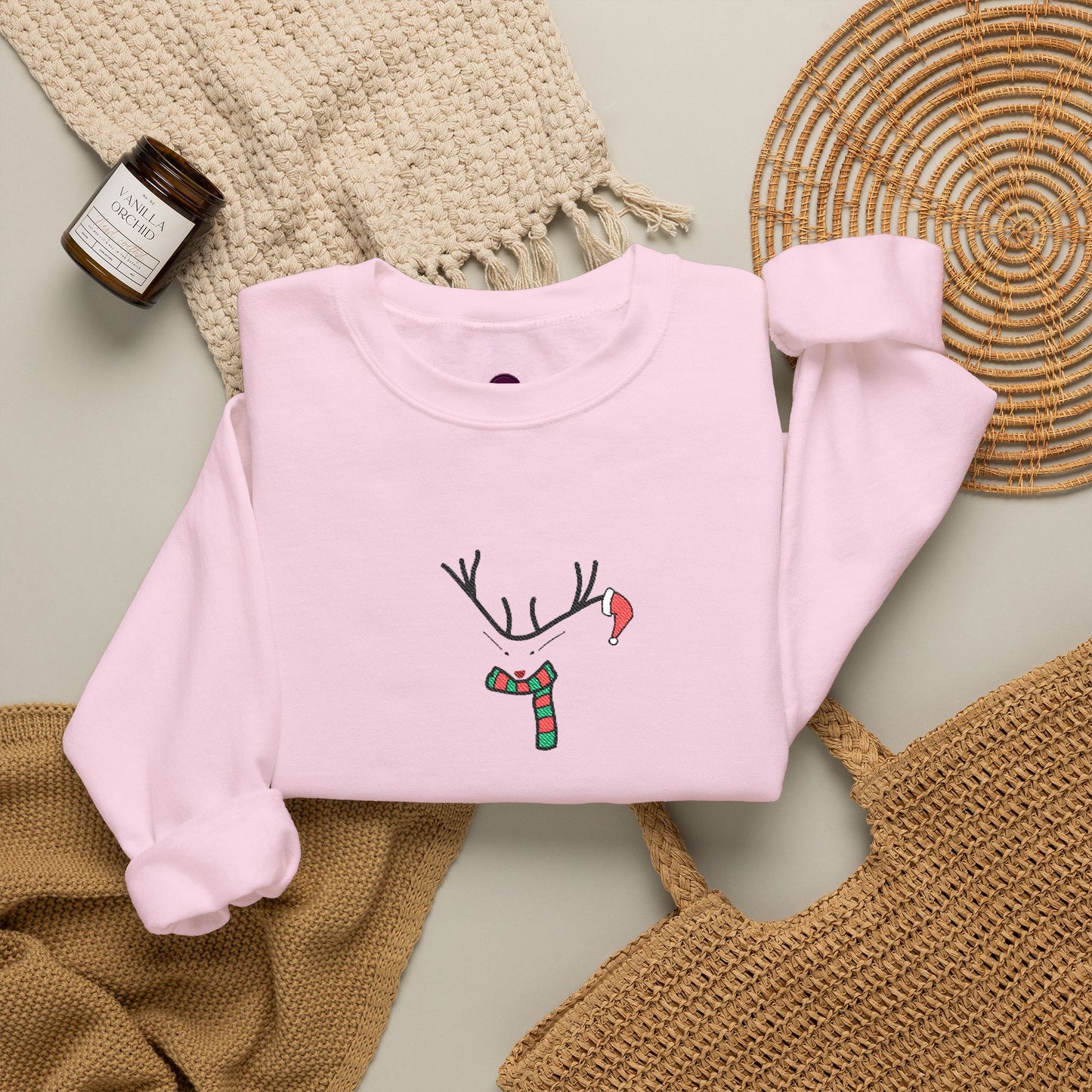 Embroidered Christmas Reindeer Minimalist Crewneck Sweatshirt