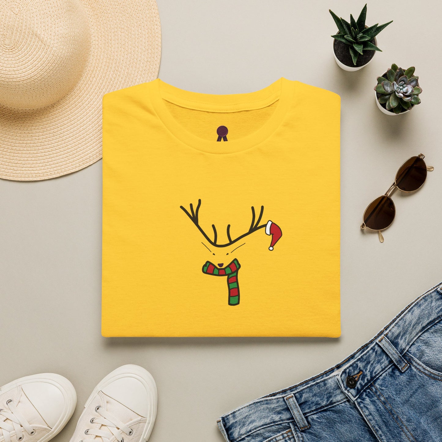 Reindeer Minimalist T‑Shirt — Festive Antlers, Scarf & Santa Hat Design
