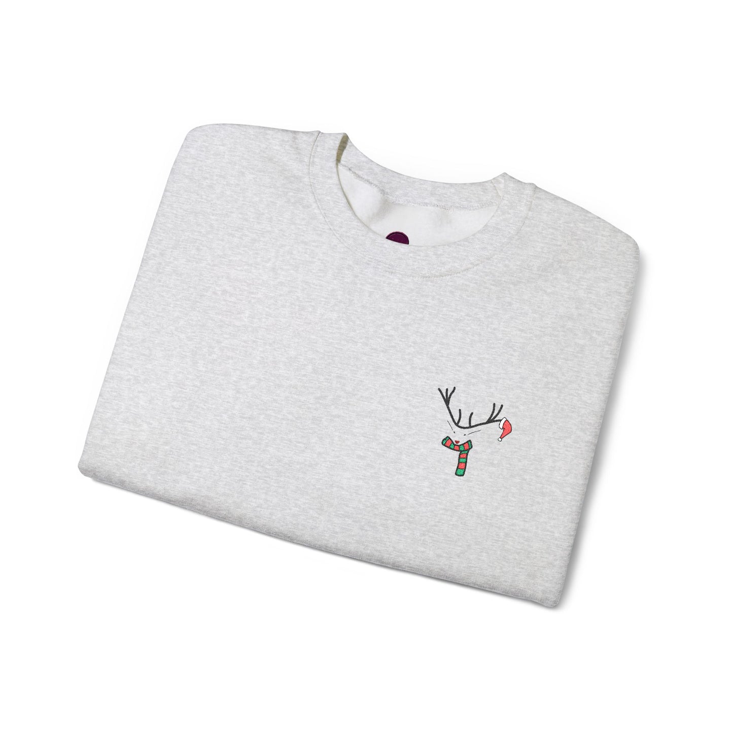 Crewneck Sweatshirt — Minimal Reindeer Pocket Embroidery, Cute Christmas Holiday Pullover