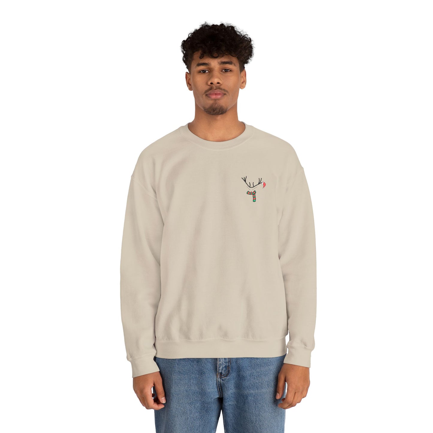 Crewneck Sweatshirt — Minimal Reindeer Pocket Embroidery, Cute Christmas Holiday Pullover