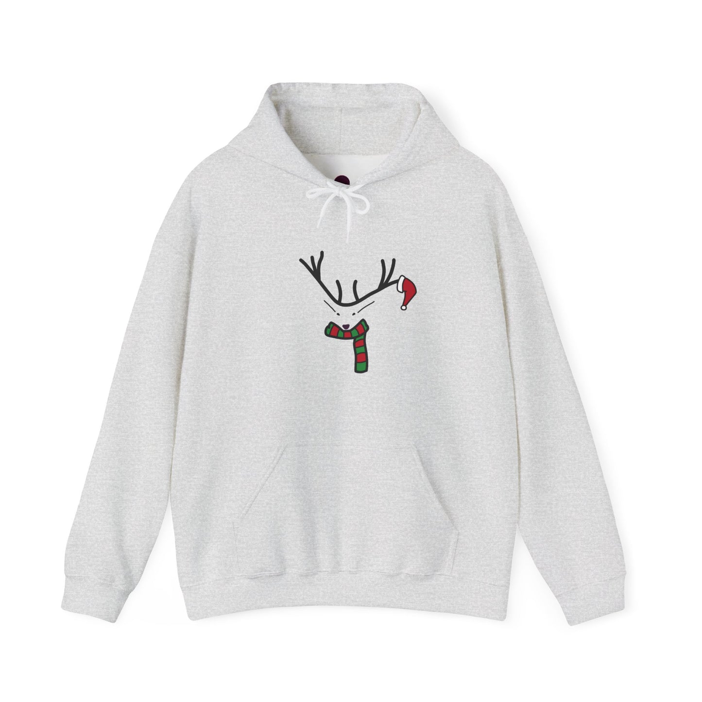 Reindeer Minimalist Holiday Hoodie — Festive Scarf & Santa Hat Design