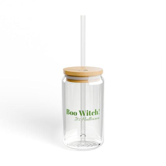 Green "Boo Witch! It's Halloween" 16oz Sipper Glass with Bamboo Lid - Stylish Drinkware for the Spooky Season