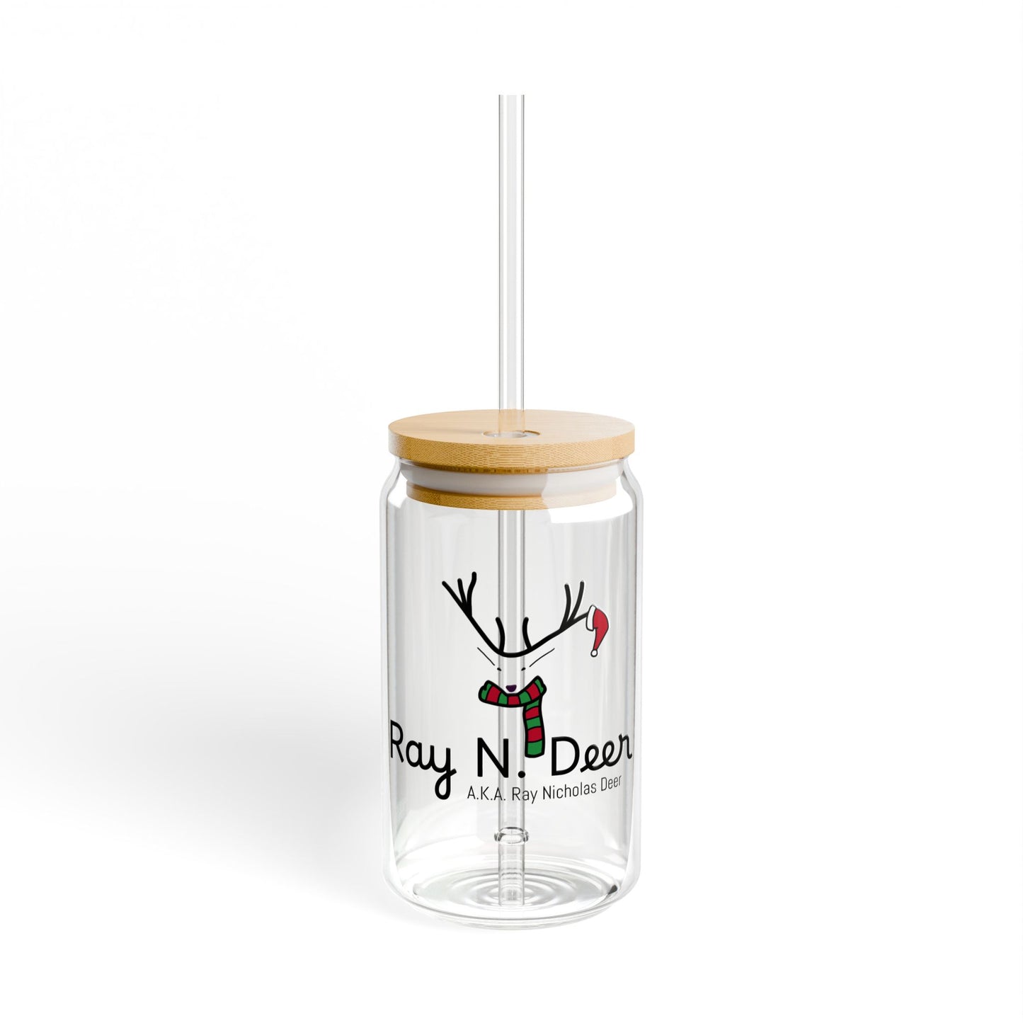 Ray N. Deer 16oz Sipper Glass – Holiday Reindeer Glass with Bamboo Lid & Straw
