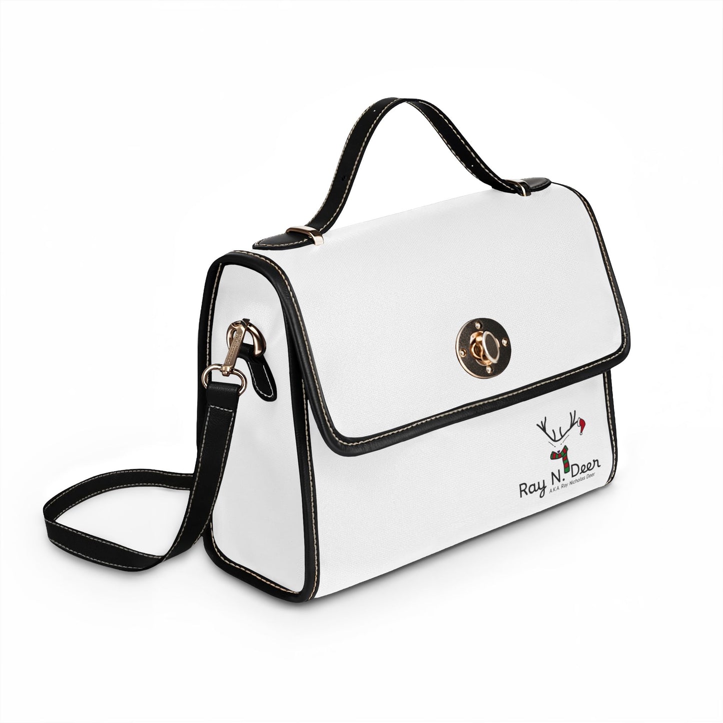 Ray N. Deer Waterproof Canvas Satchel — White Leather-Trim Turn-Lock Purse
