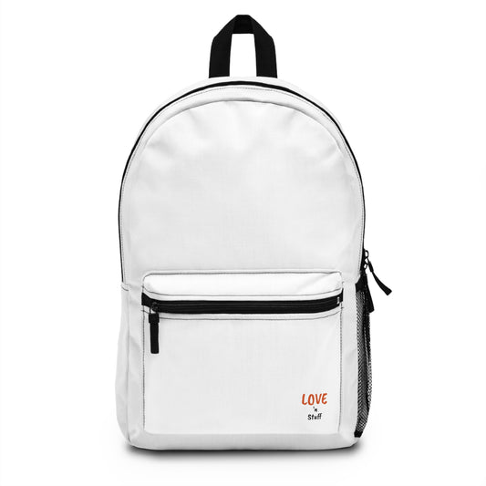 Stylish White Backpack with 'LOVE 'n STUFF' Design - Perfect for Daily Use