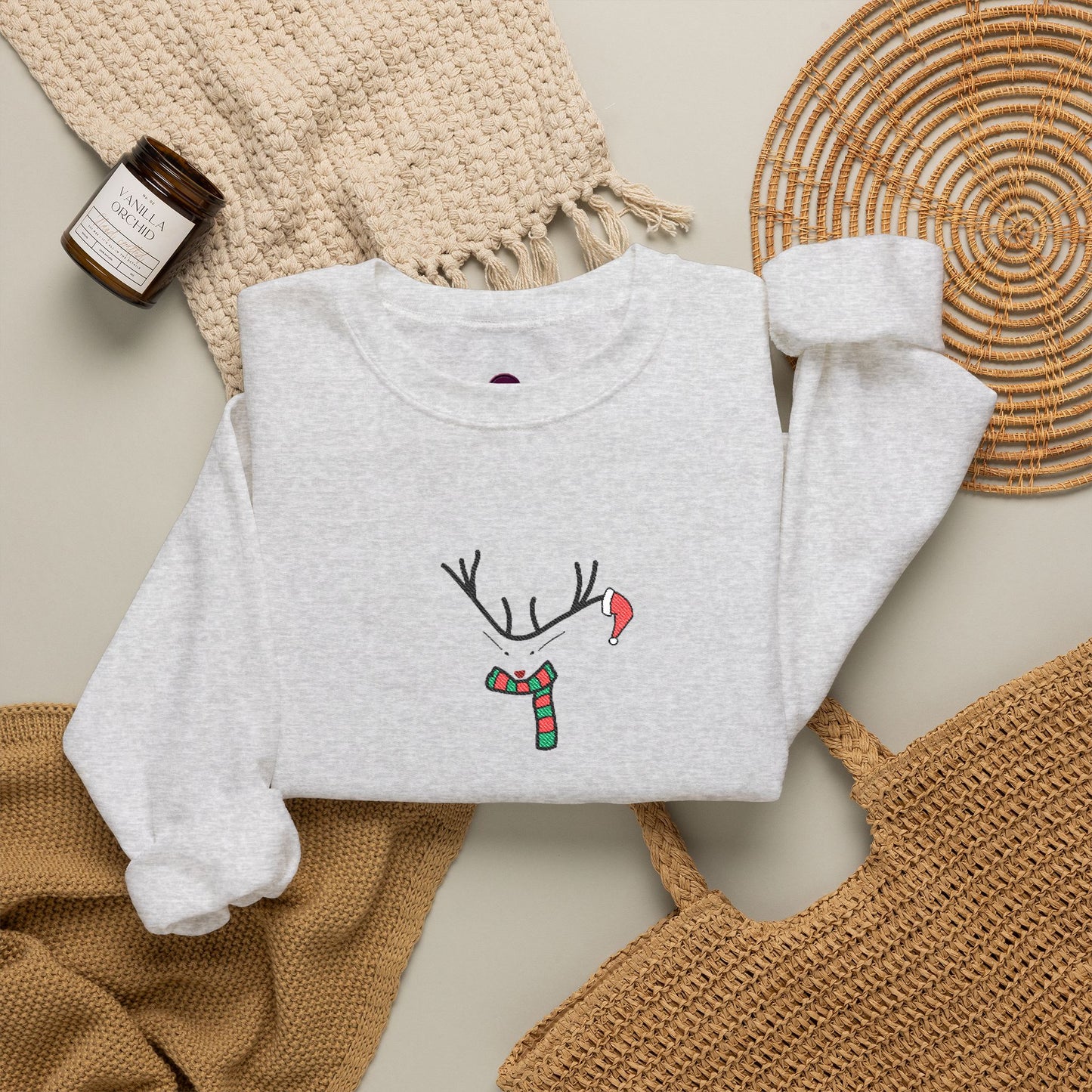 Embroidered Christmas Reindeer Minimalist Crewneck Sweatshirt