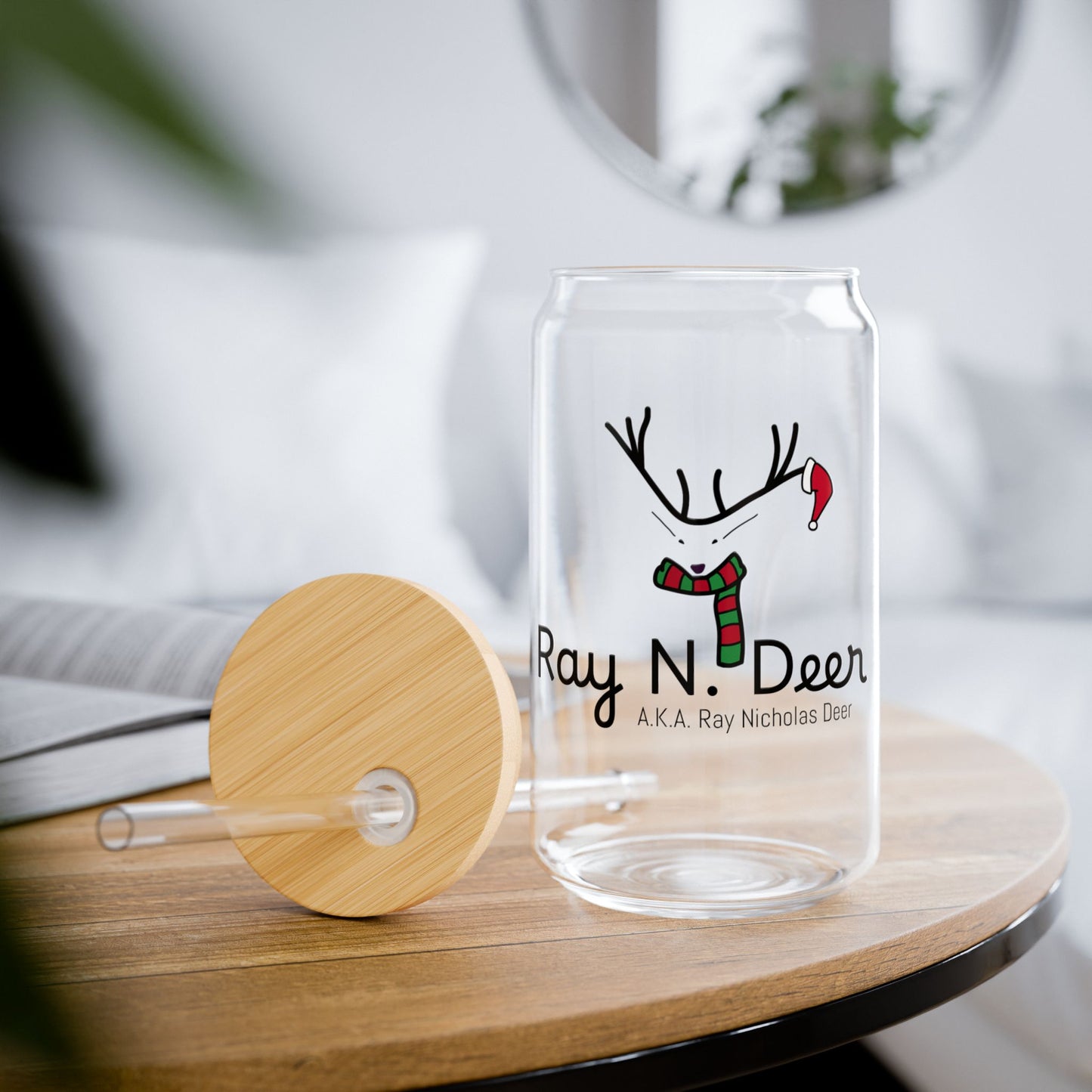 Ray N. Deer 16oz Sipper Glass – Holiday Reindeer Glass with Bamboo Lid & Straw