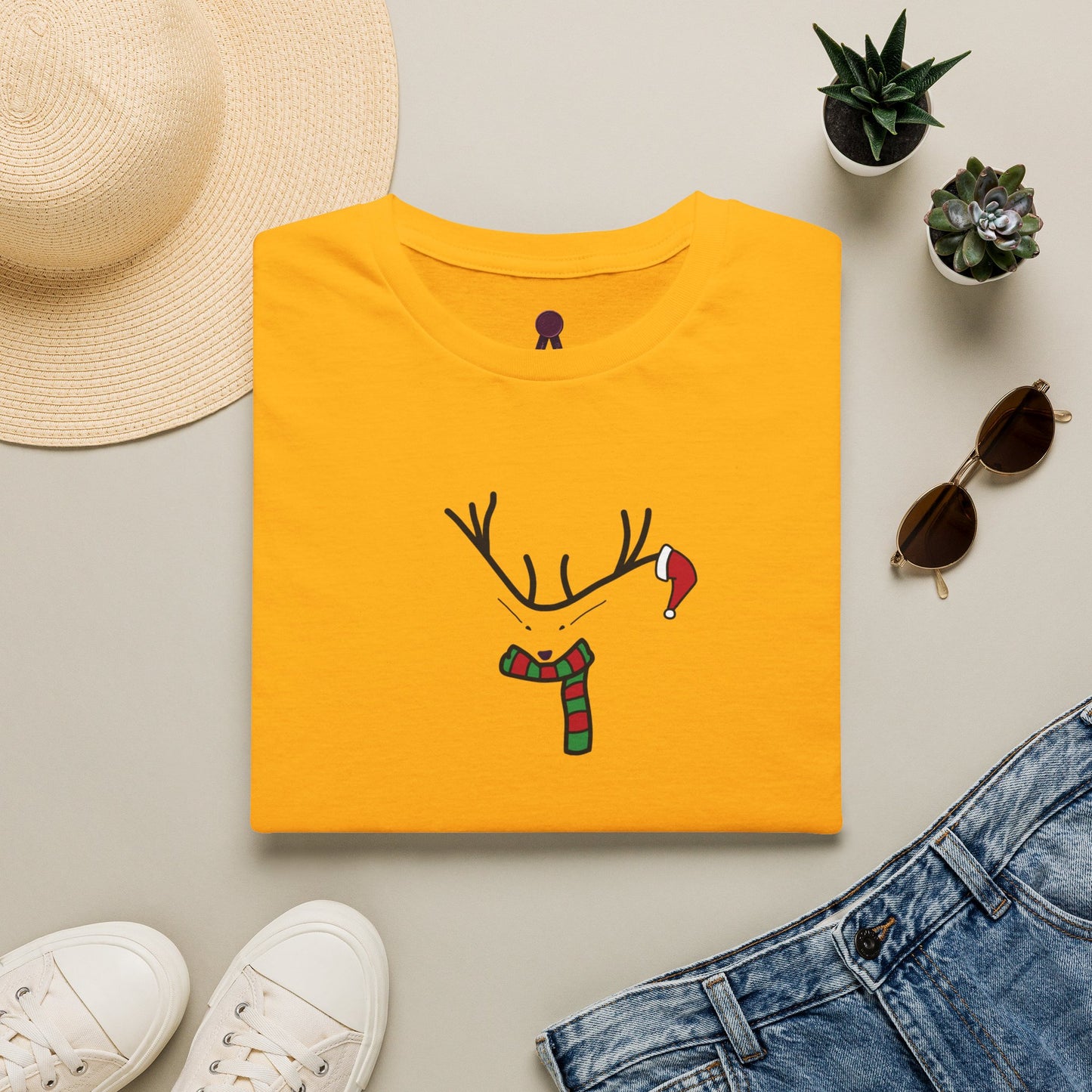 Reindeer Minimalist T‑Shirt — Festive Antlers, Scarf & Santa Hat Design