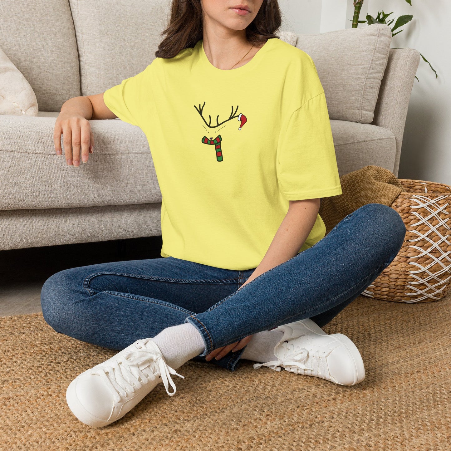 Reindeer Minimalist T‑Shirt — Festive Antlers, Scarf & Santa Hat Design
