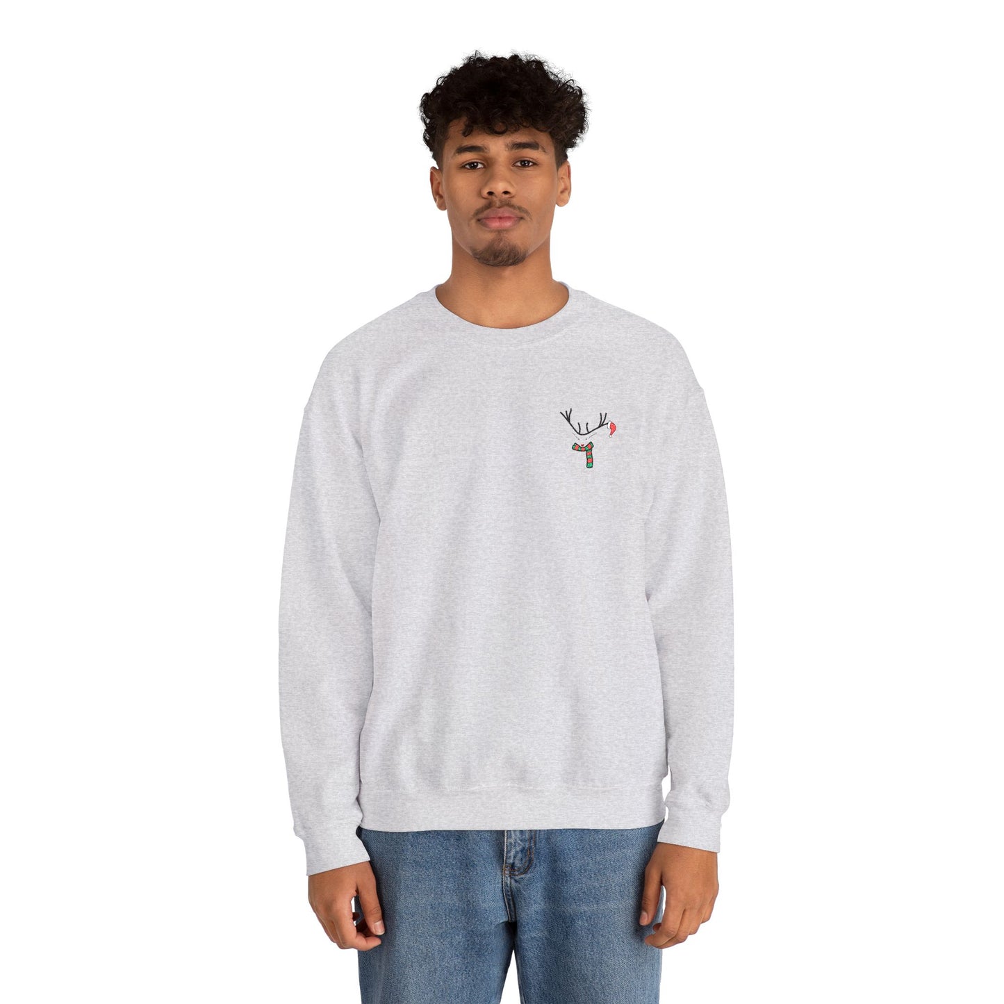 Crewneck Sweatshirt — Minimal Reindeer Pocket Embroidery, Cute Christmas Holiday Pullover