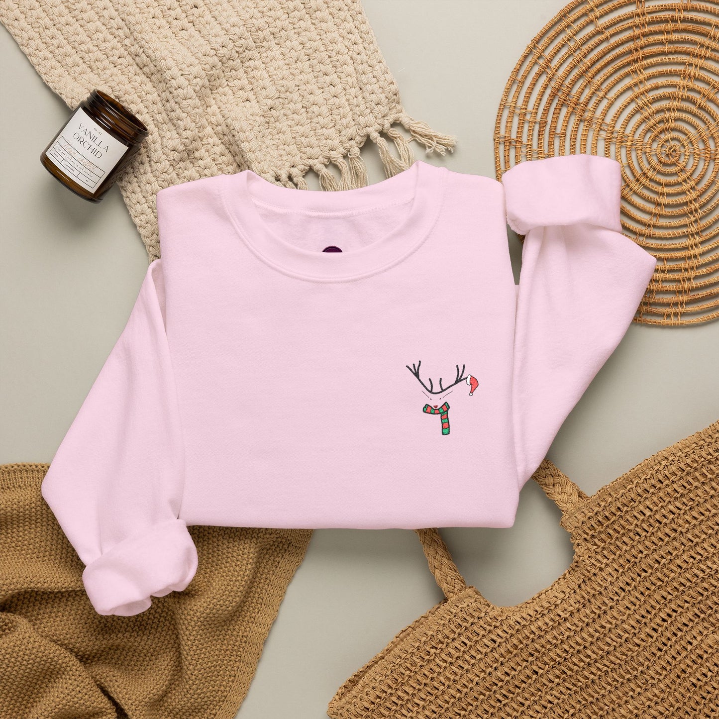 Crewneck Sweatshirt — Minimal Reindeer Pocket Embroidery, Cute Christmas Holiday Pullover