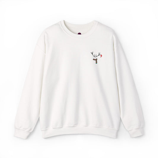Crewneck Sweatshirt — Minimal Reindeer Pocket Embroidery, Cute Christmas Holiday Pullover