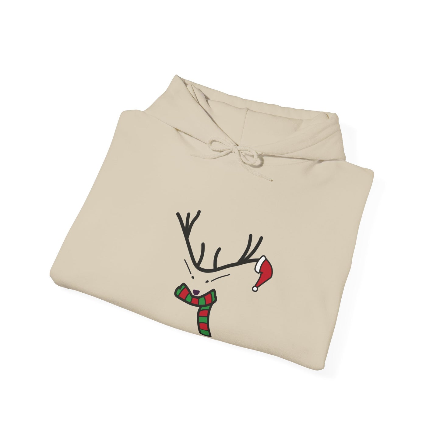 Reindeer Minimalist Holiday Hoodie — Festive Scarf & Santa Hat Design