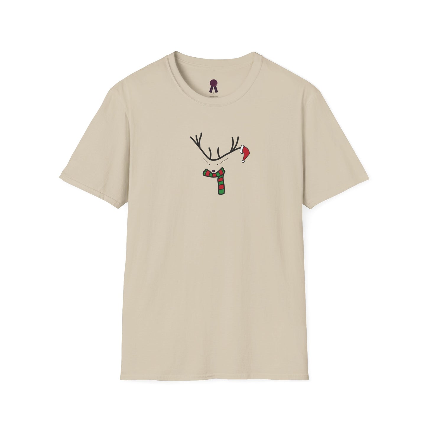 Reindeer Minimalist T‑Shirt — Festive Antlers, Scarf & Santa Hat Design