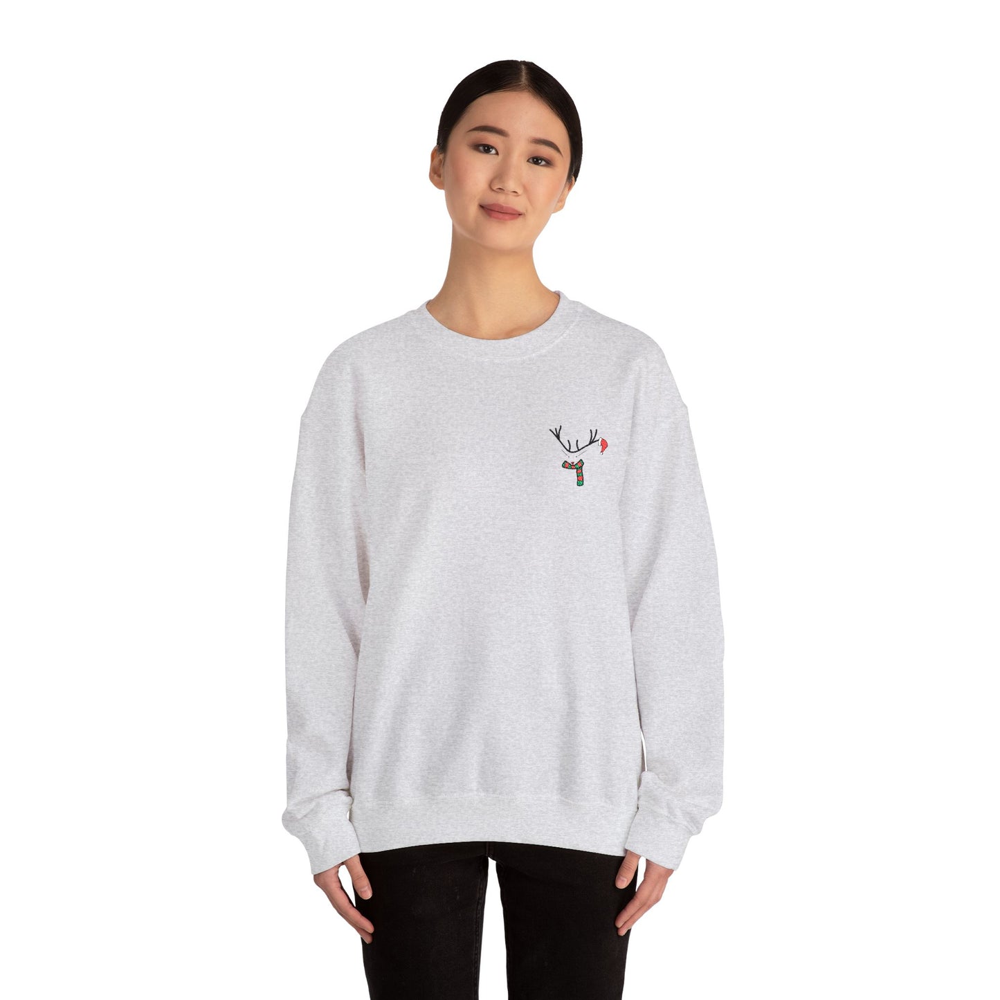 Crewneck Sweatshirt — Minimal Reindeer Pocket Embroidery, Cute Christmas Holiday Pullover