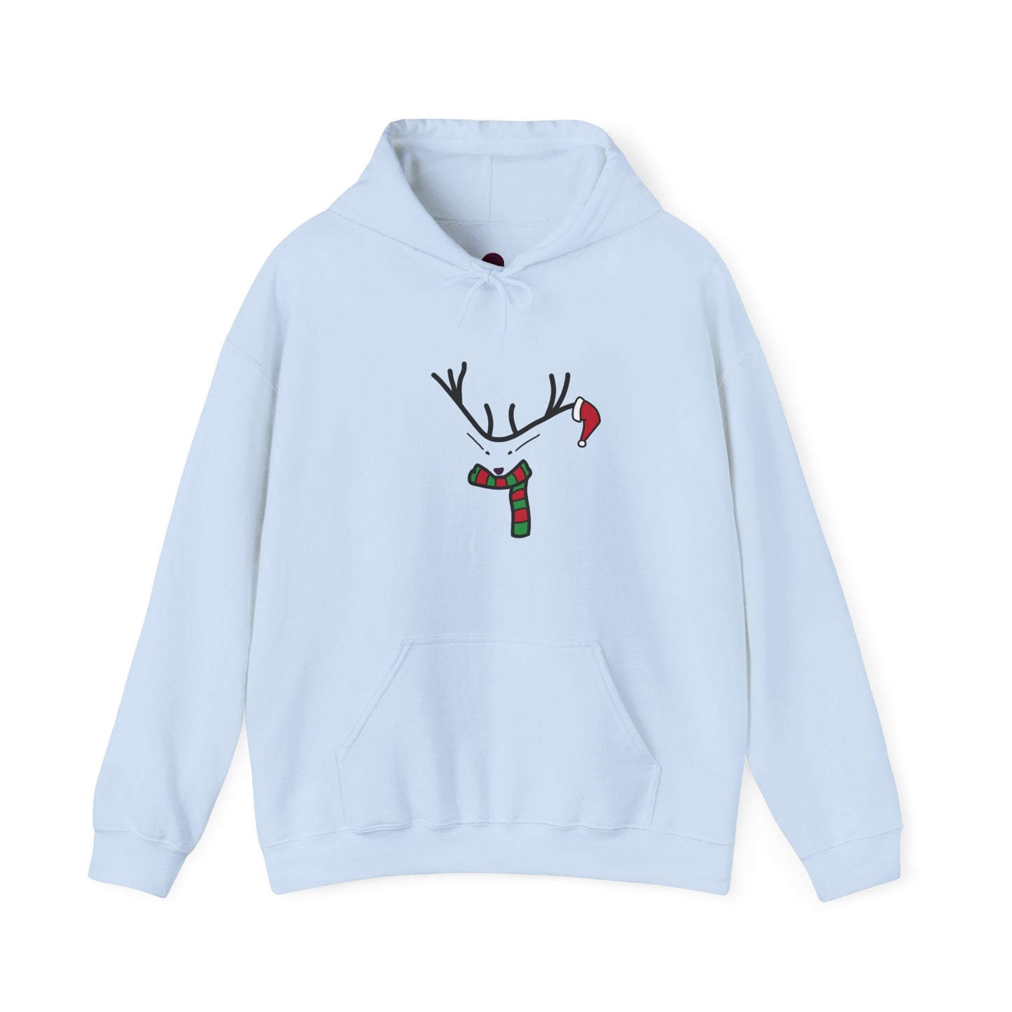 Reindeer Minimalist Holiday Hoodie — Festive Scarf & Santa Hat Design