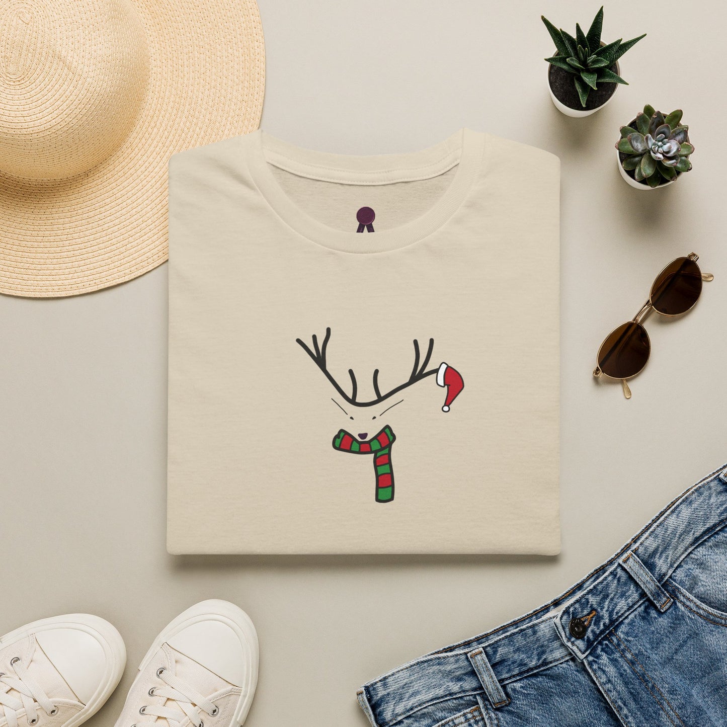 Reindeer Minimalist T‑Shirt — Festive Antlers, Scarf & Santa Hat Design