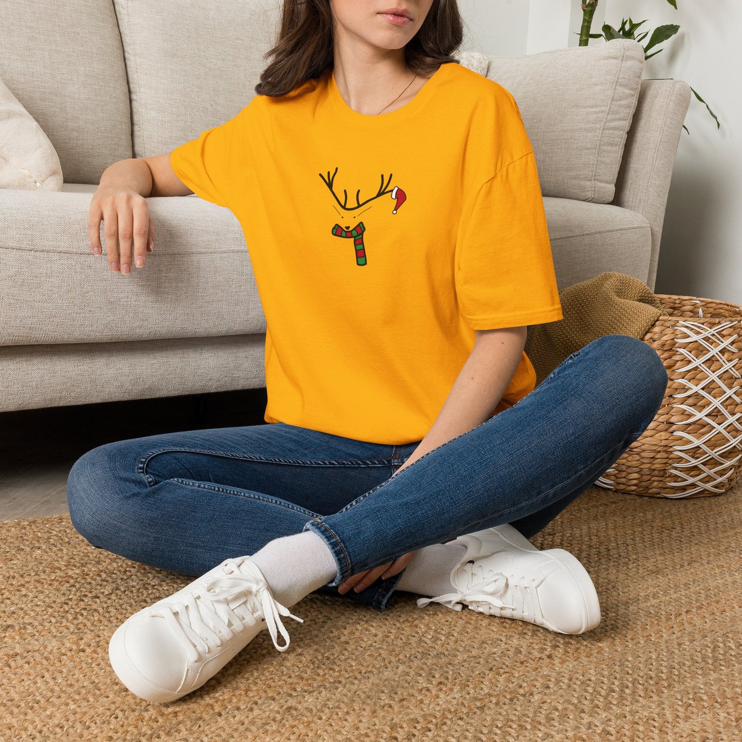 Reindeer Minimalist T‑Shirt — Festive Antlers, Scarf & Santa Hat Design