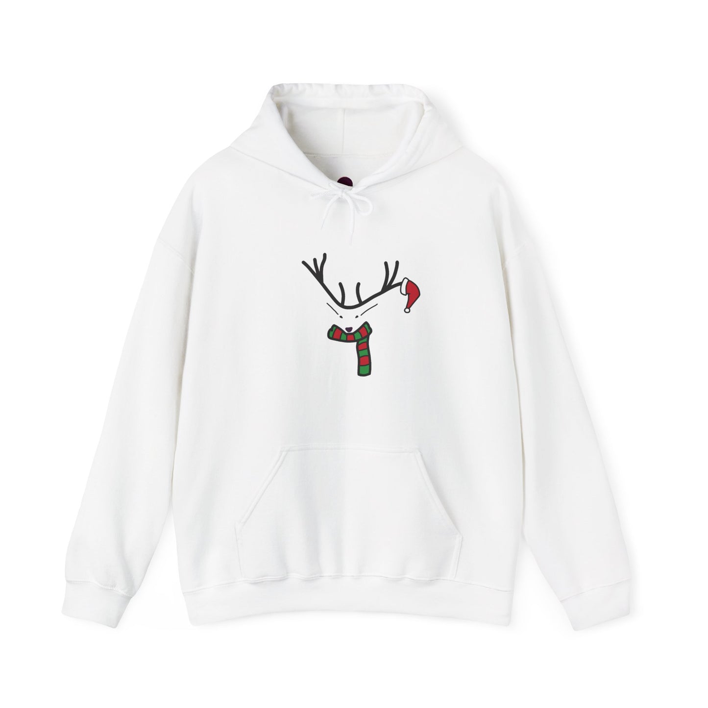 Reindeer Minimalist Holiday Hoodie — Festive Scarf & Santa Hat Design