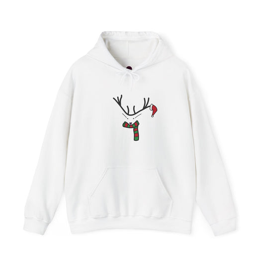 Reindeer Minimalist Holiday Hoodie — Festive Scarf & Santa Hat Design
