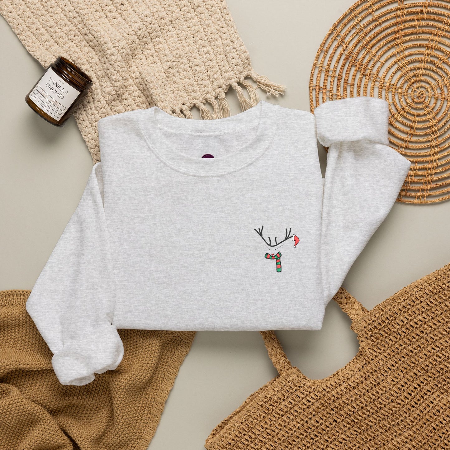 Crewneck Sweatshirt — Minimal Reindeer Pocket Embroidery, Cute Christmas Holiday Pullover