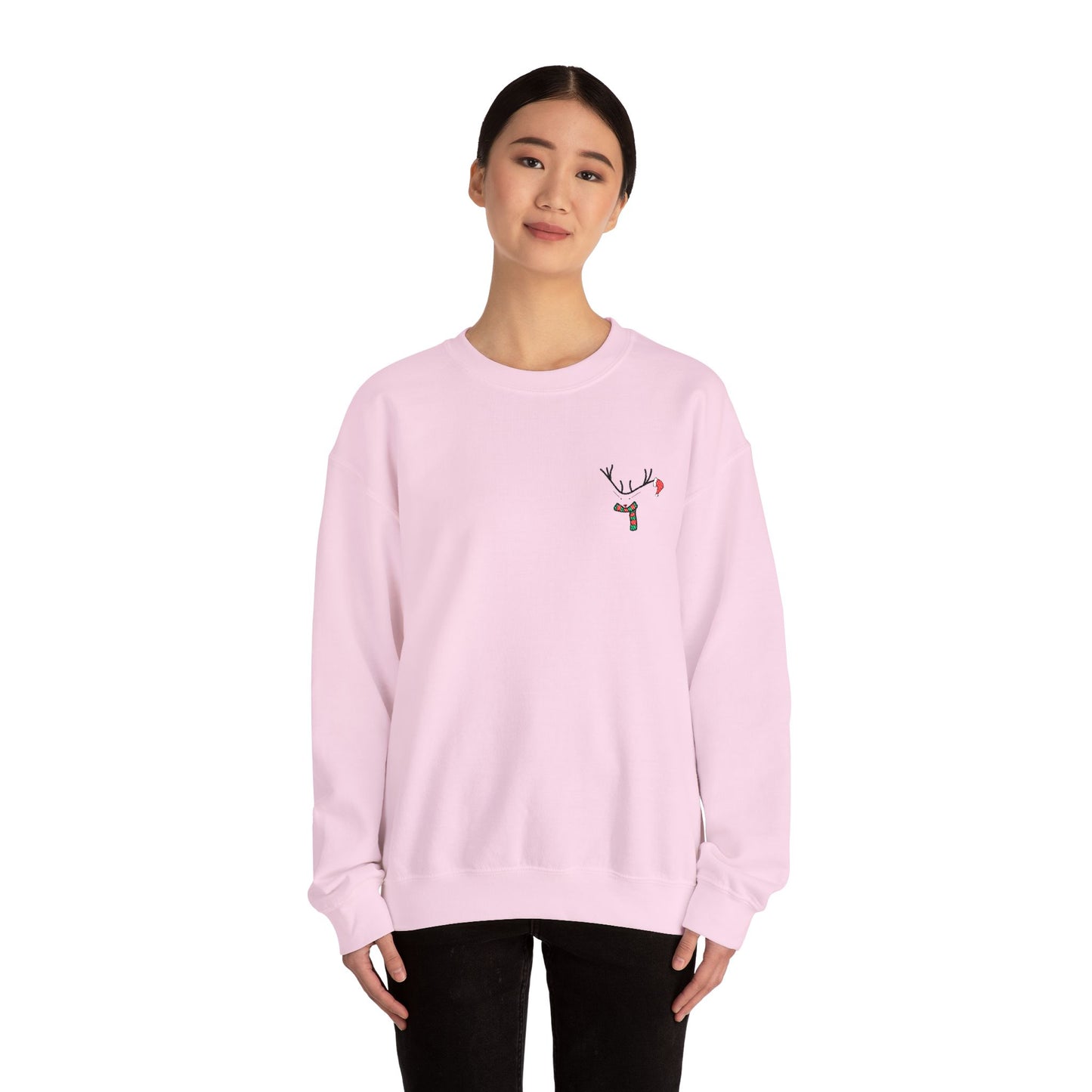 Crewneck Sweatshirt — Minimal Reindeer Pocket Embroidery, Cute Christmas Holiday Pullover