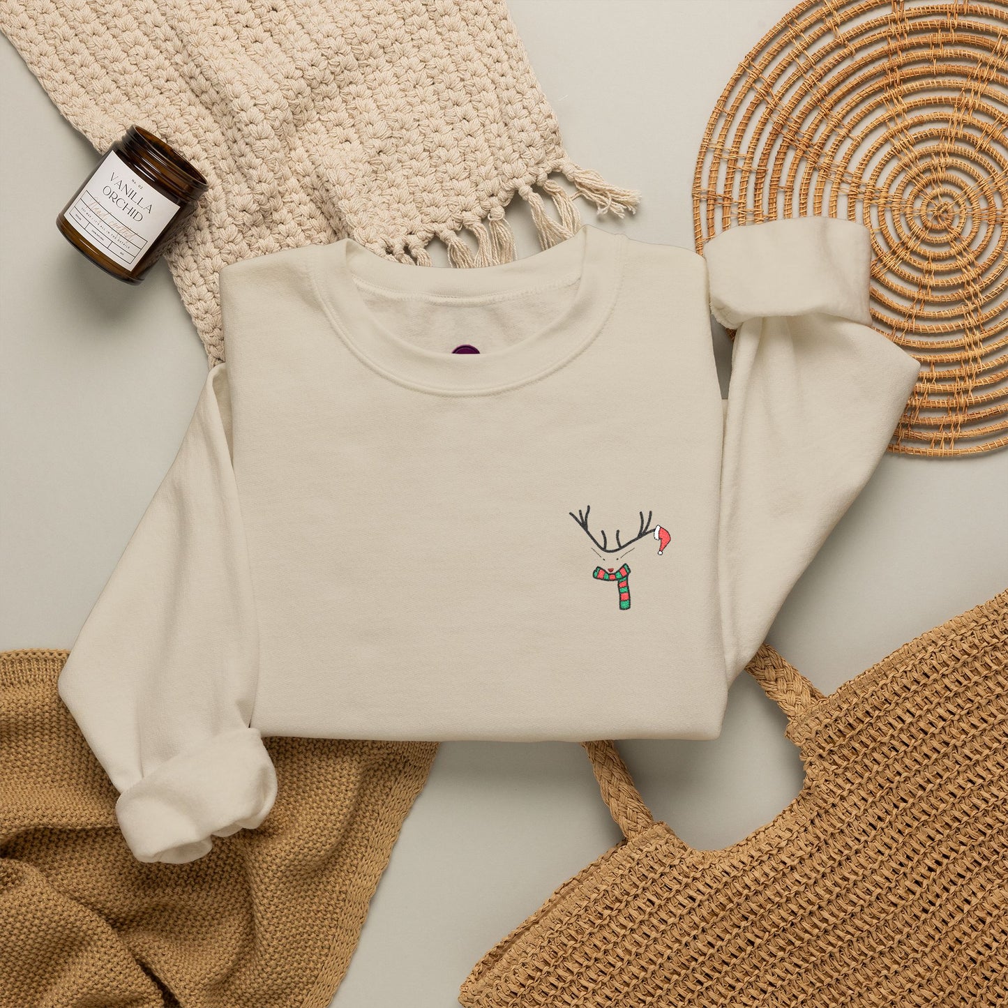 Crewneck Sweatshirt — Minimal Reindeer Pocket Embroidery, Cute Christmas Holiday Pullover